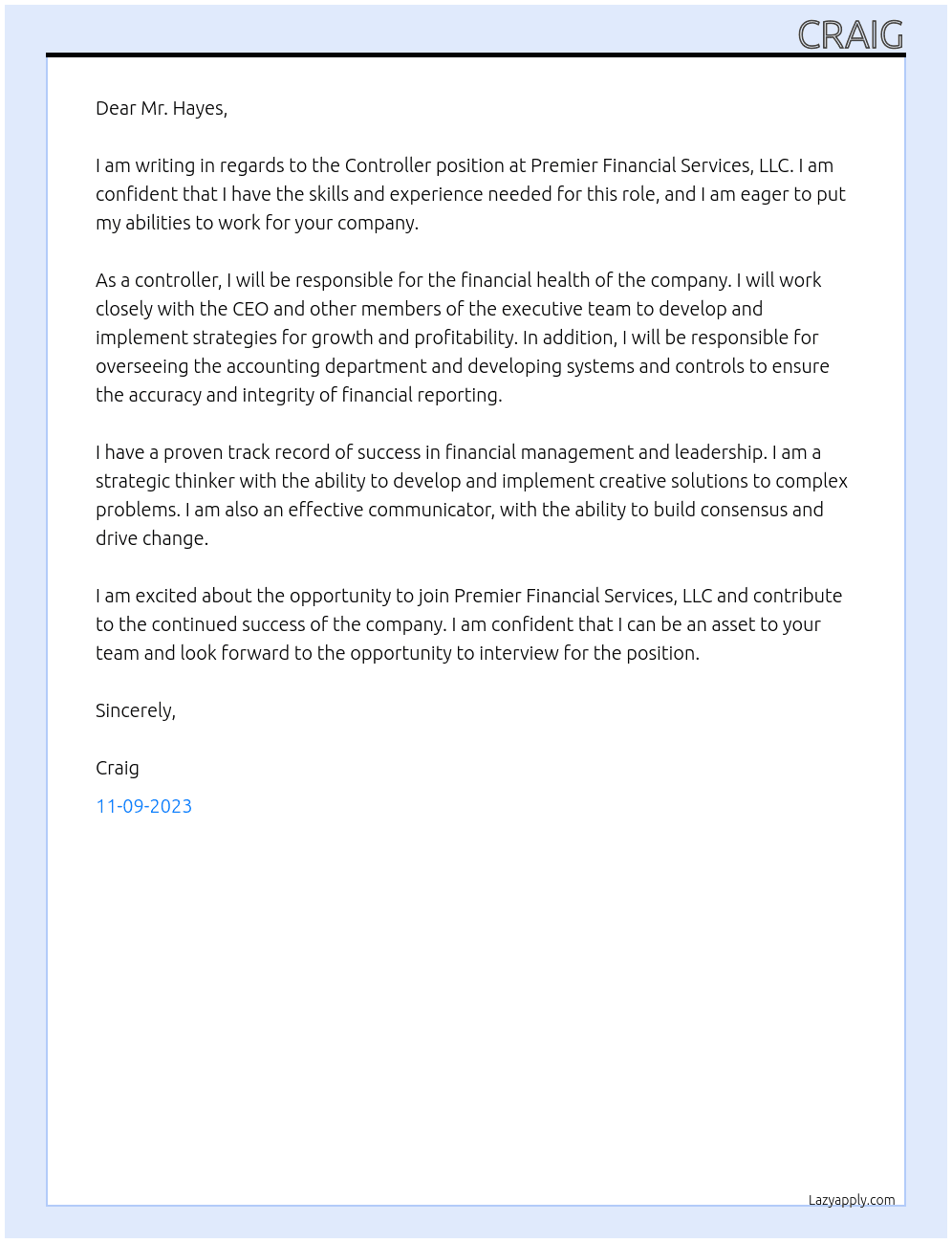 Controller At Premier Financial Services, LLC Cover Letter