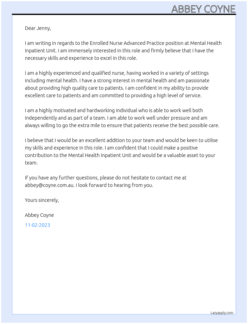 Enrolled Nurse Advanced Practice At Mental Health Inpatient Unit Cover Letter
