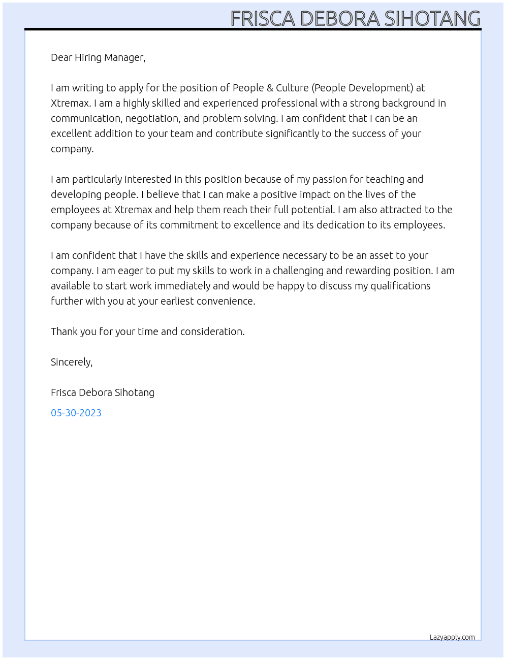 People & Culture (People Development) At Xtremax Cover Letter