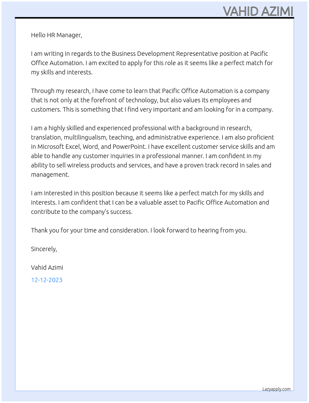 Business Development Representative At Pacific Office Automation Cover Letter