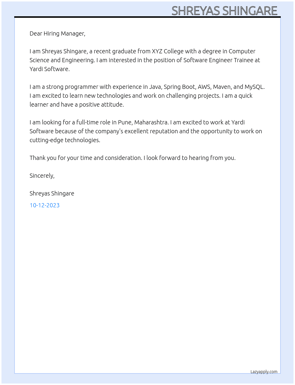 Software Engineer Trainee At Yardi Software Cover Letter