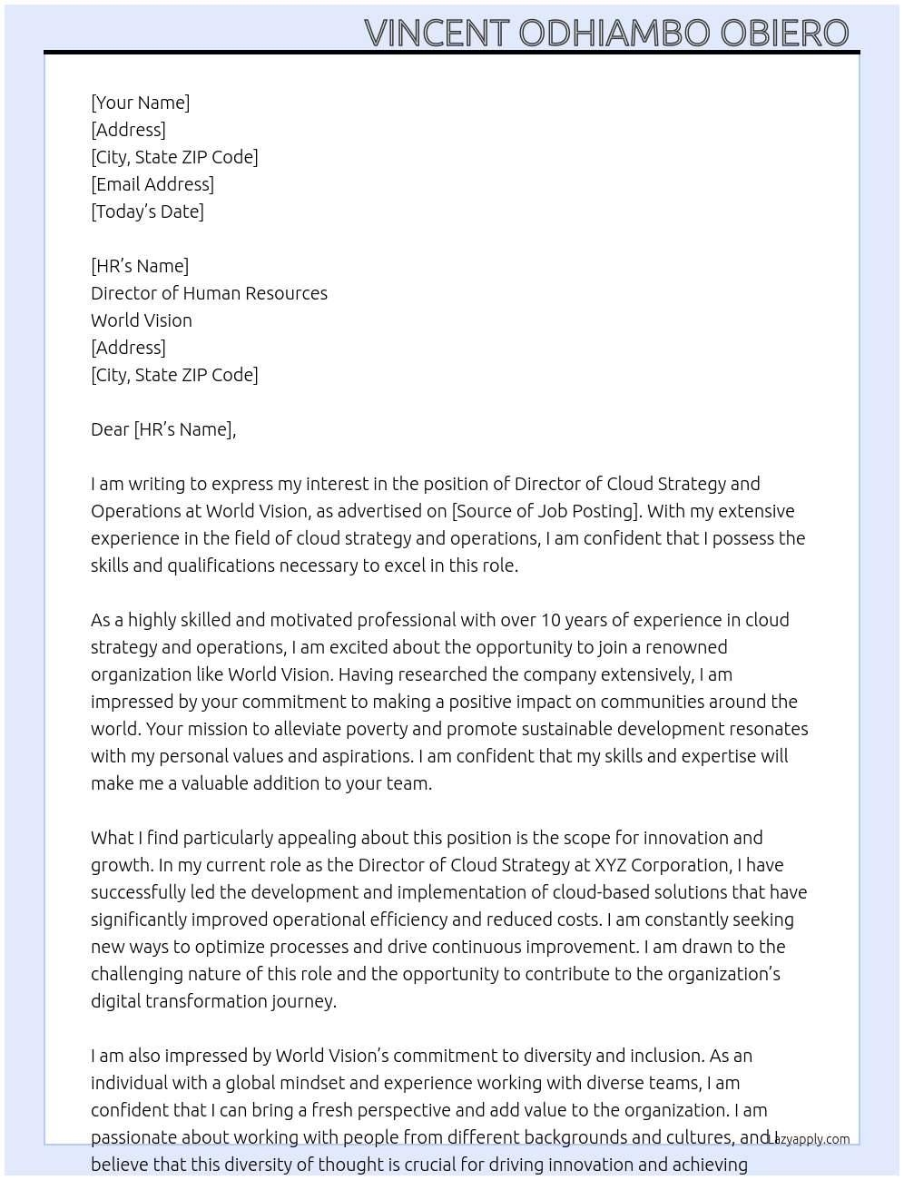 Director of cloud strategy and operations  At World vision  Cover Letter