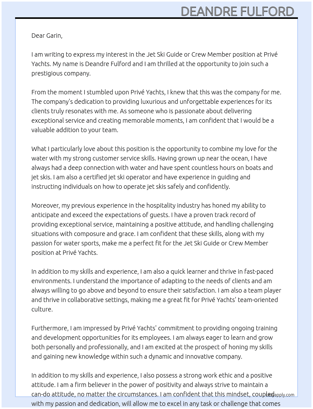 Jet Ski Guide or Crew Member  At Privé Yachts Cover Letter