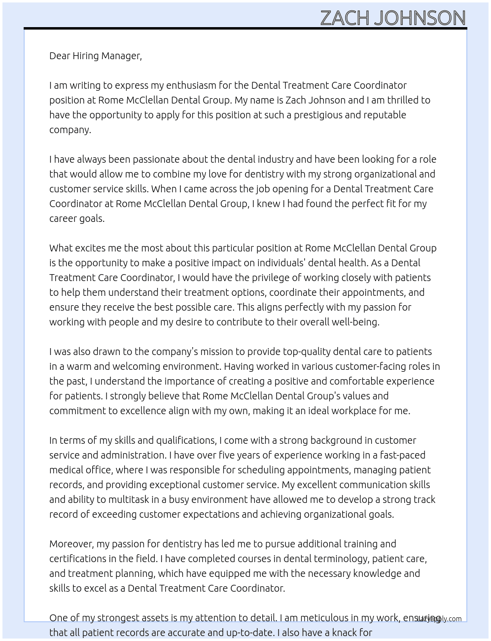 Dental Treatment Care Coordinator At Rome McClellan Dental Group Cover Letter