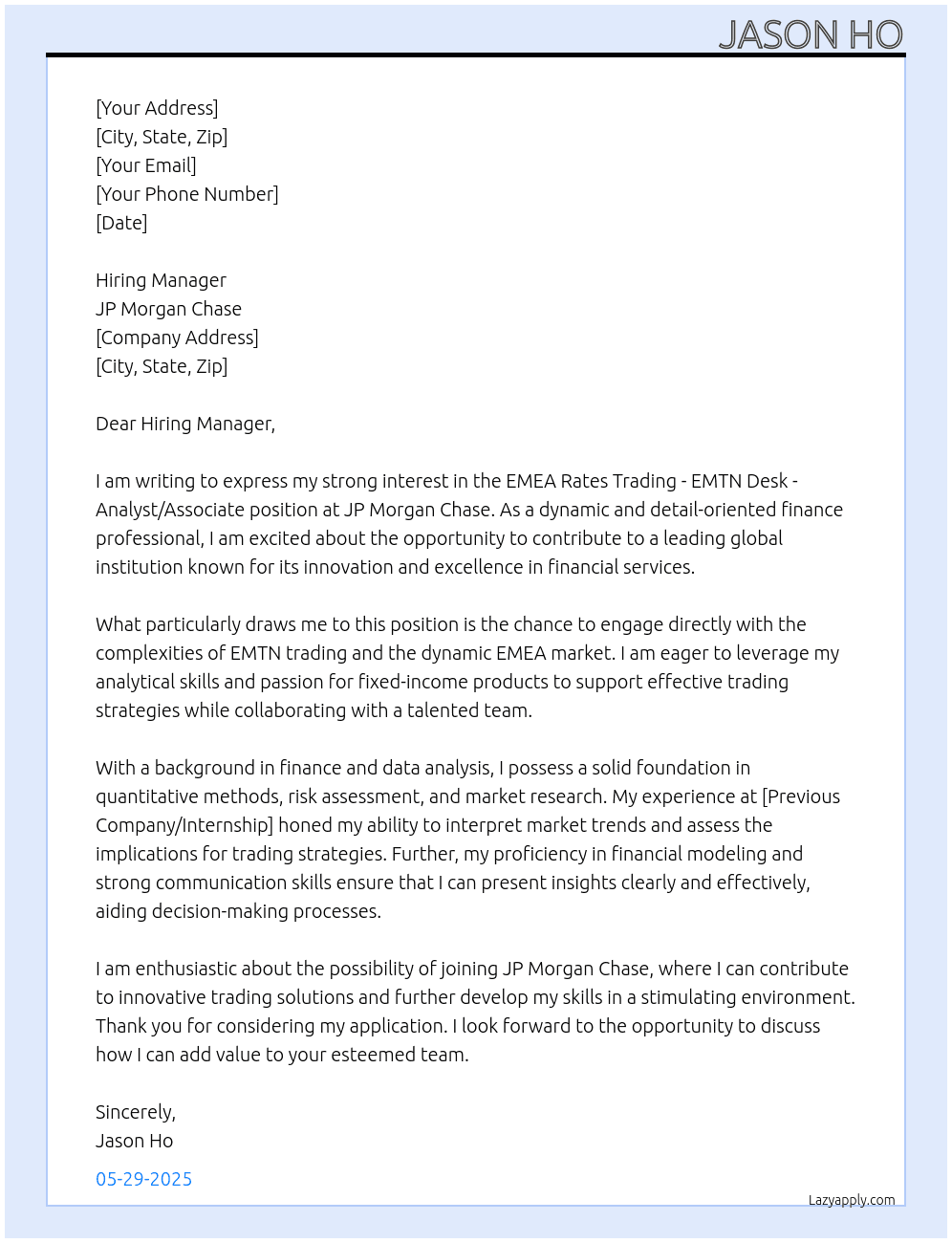 EMEA Rates Trading - EMTN Desk - Analyst/Associate At JP Morgan Chase Cover Letter