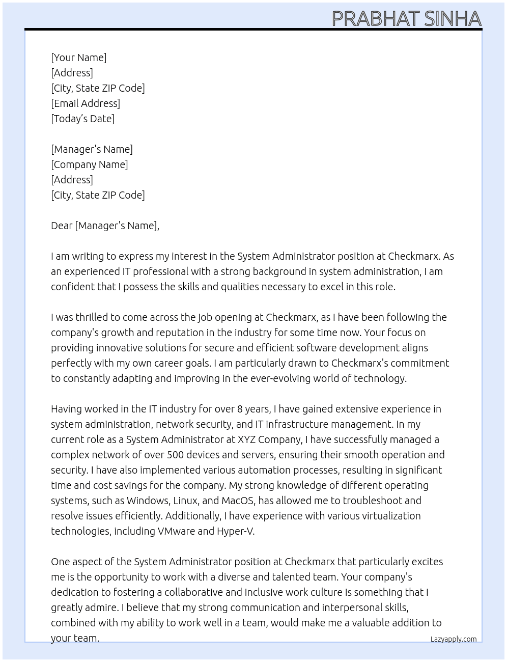 System Administrator At Checkmarx Cover Letter