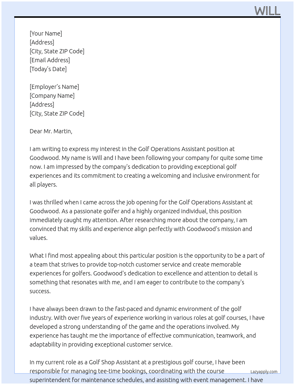 Golf Operations Assistant At Goodwood Cover Letter