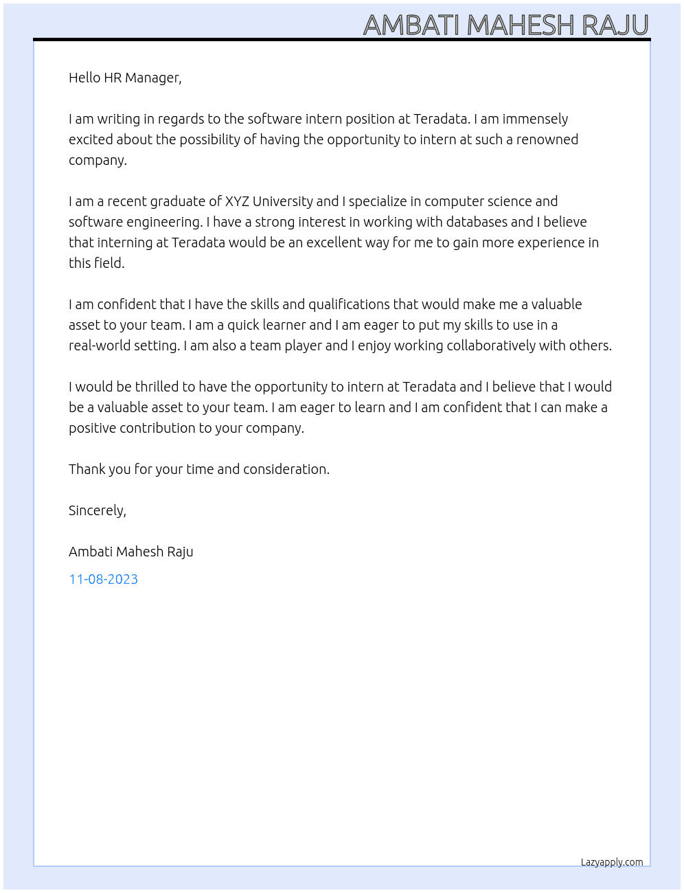 Software intern At Teradata Cover Letter