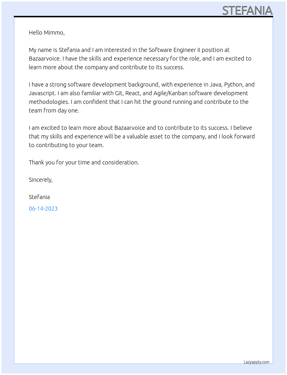 Software Engineer II At Bazaarvoice Cover Letter