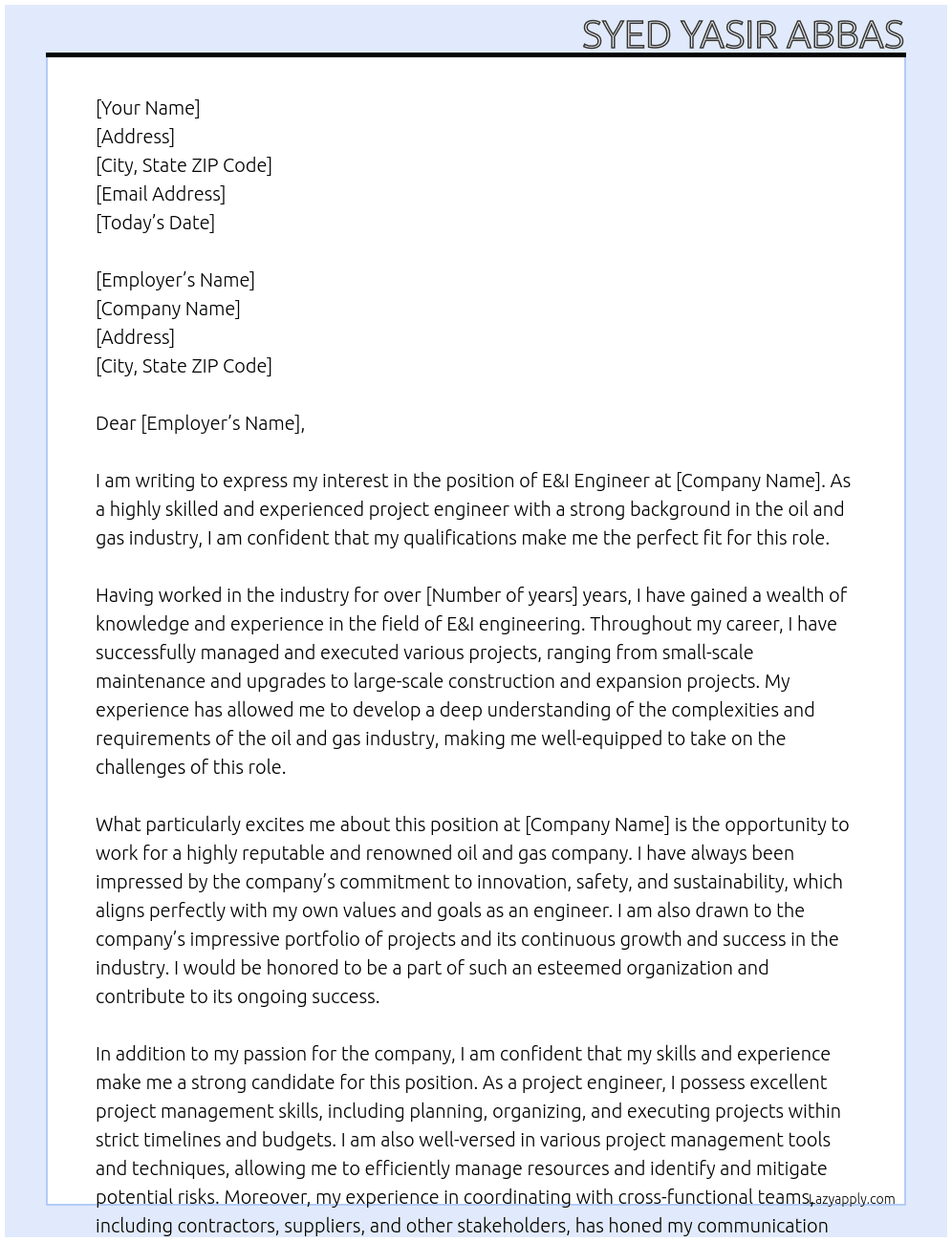 E&I engineer At oil and gas company Cover Letter