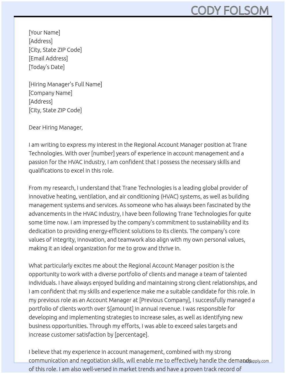 Regional Account Manager At Trane Technologies Cover Letter