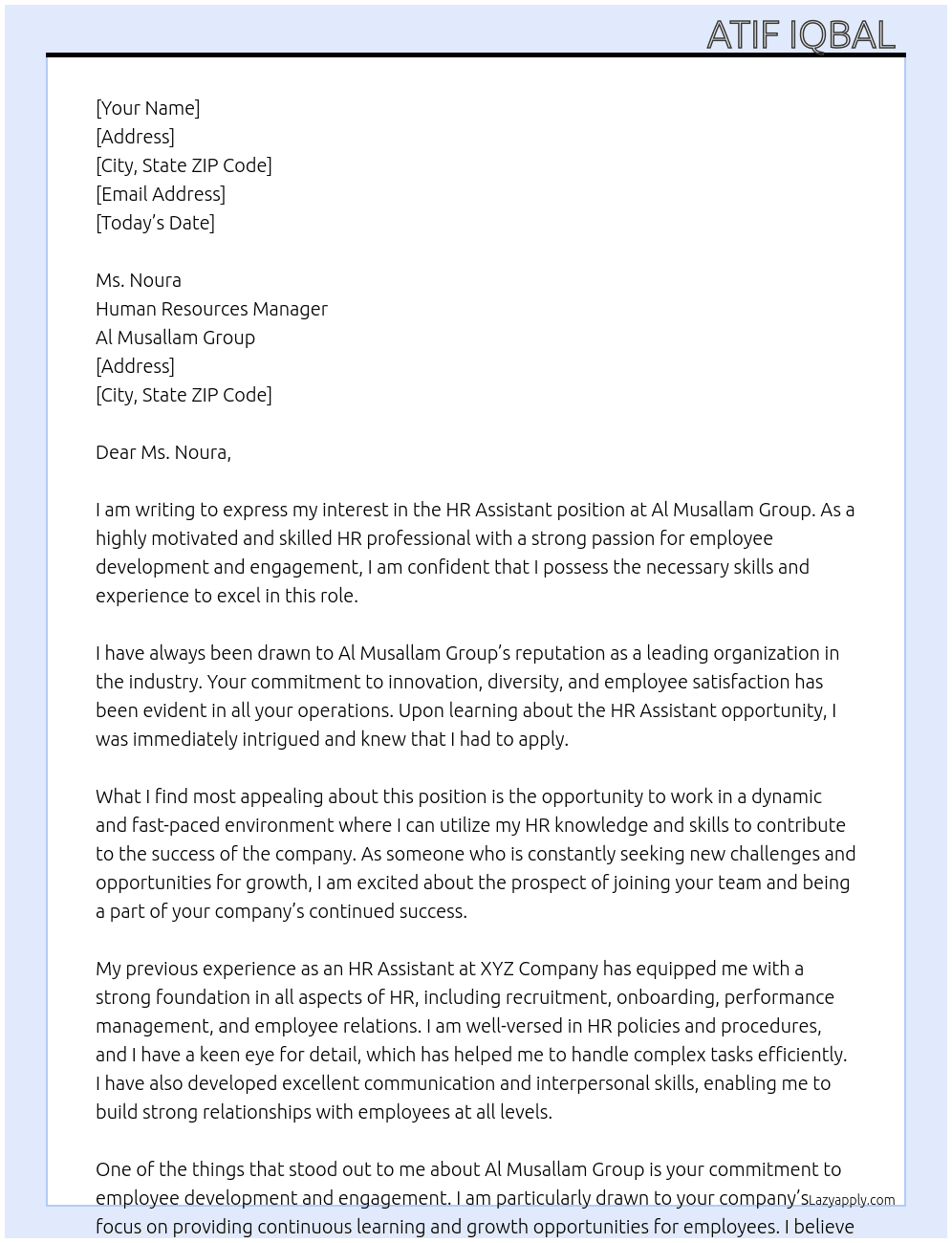 HR Assistant  At Al Musallam Group  Cover Letter