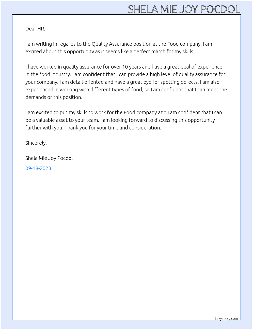 Quality Assurance At Food company Cover Letter