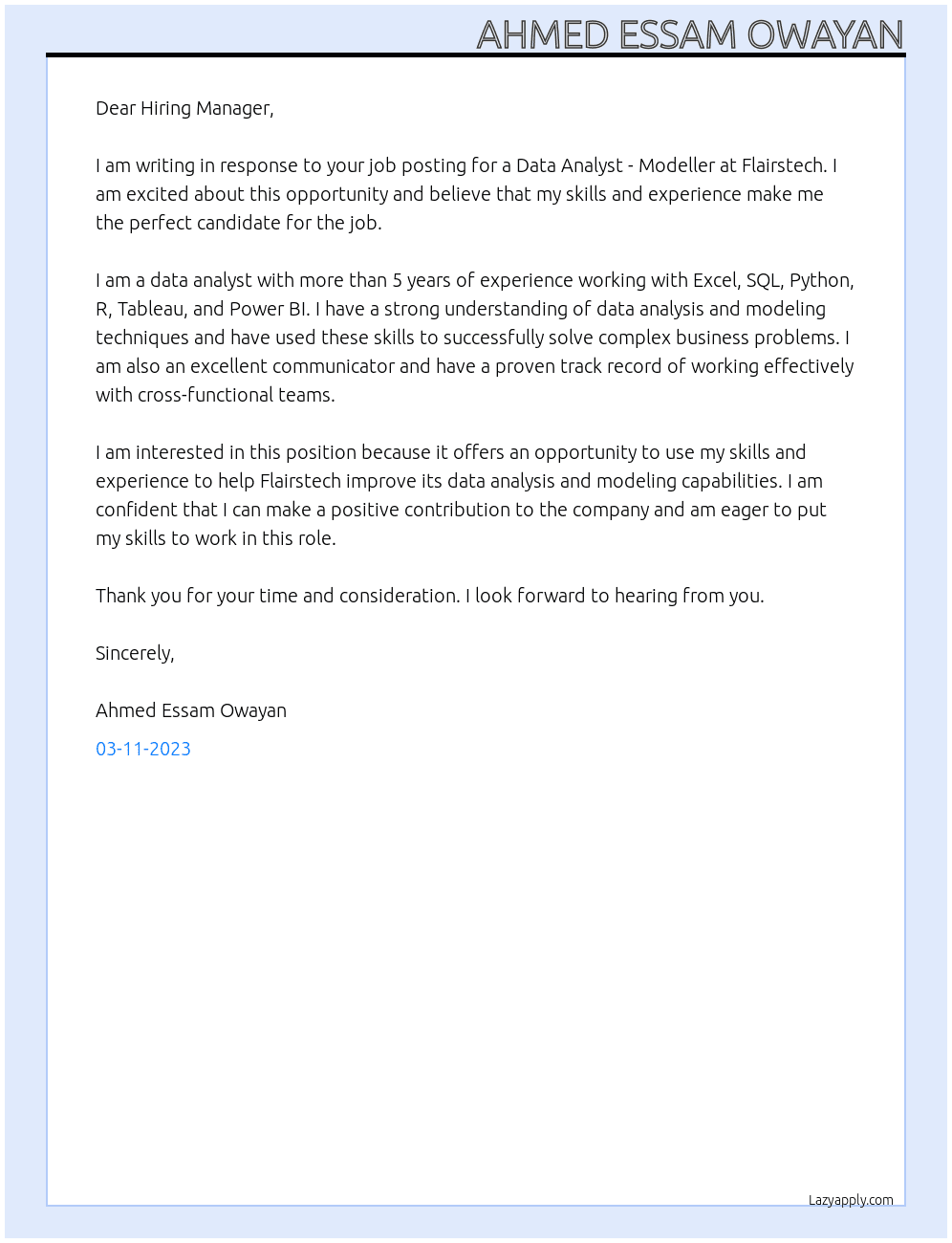 Data Analyst - Modeller At BJSS Cover Letter