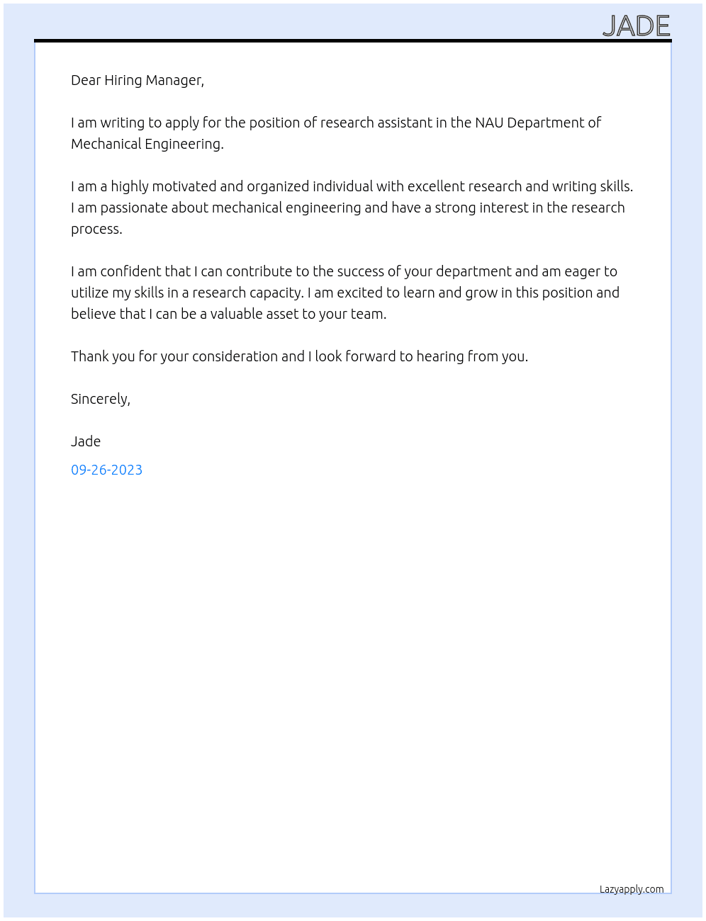 Research Assistant At NAU Department of Mechanical Engineering  Cover Letter