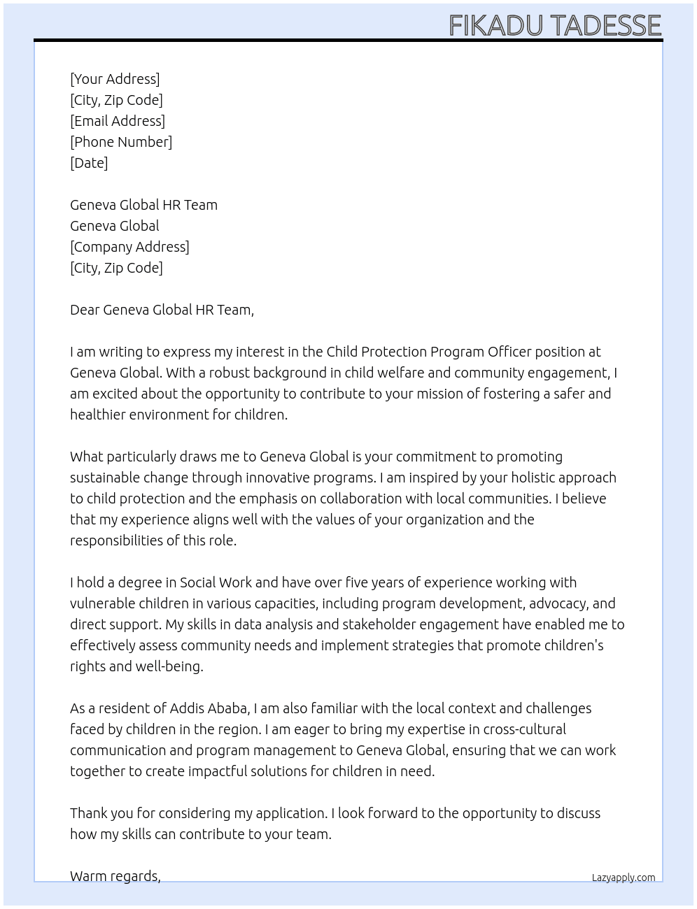 Cover letter for child protection program officer - LazyApply