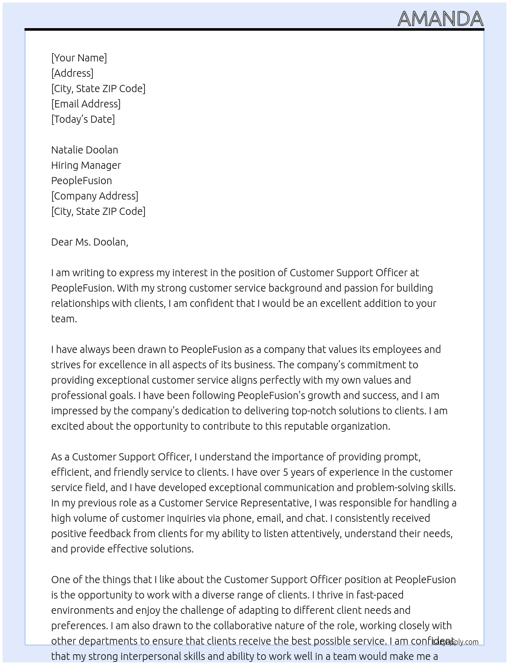 Customer Support Officer At PeopleFusion Cover Letter