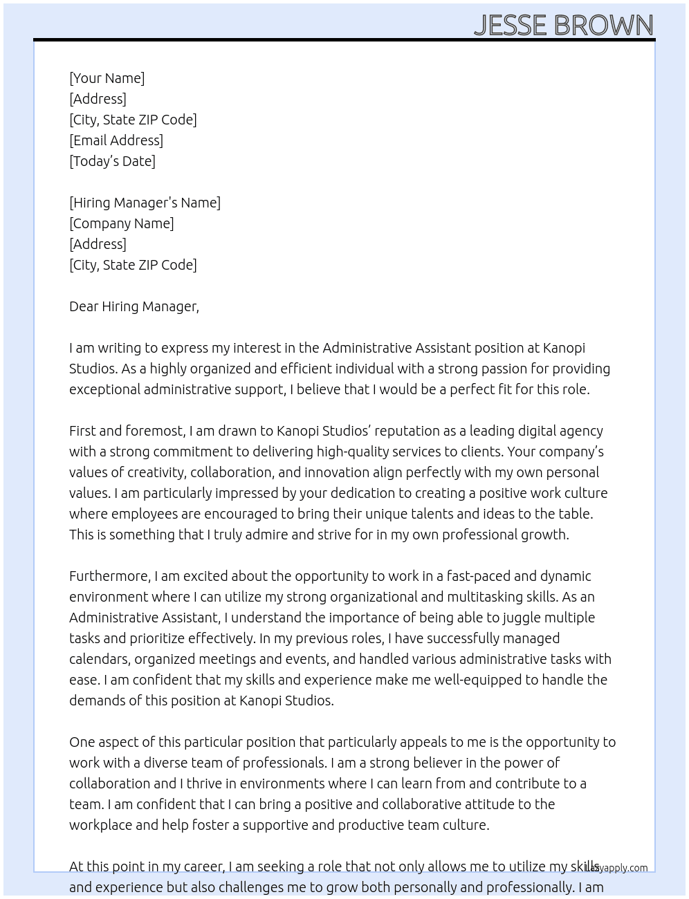 Administrative Assistant At Kanopi Studios Cover Letter