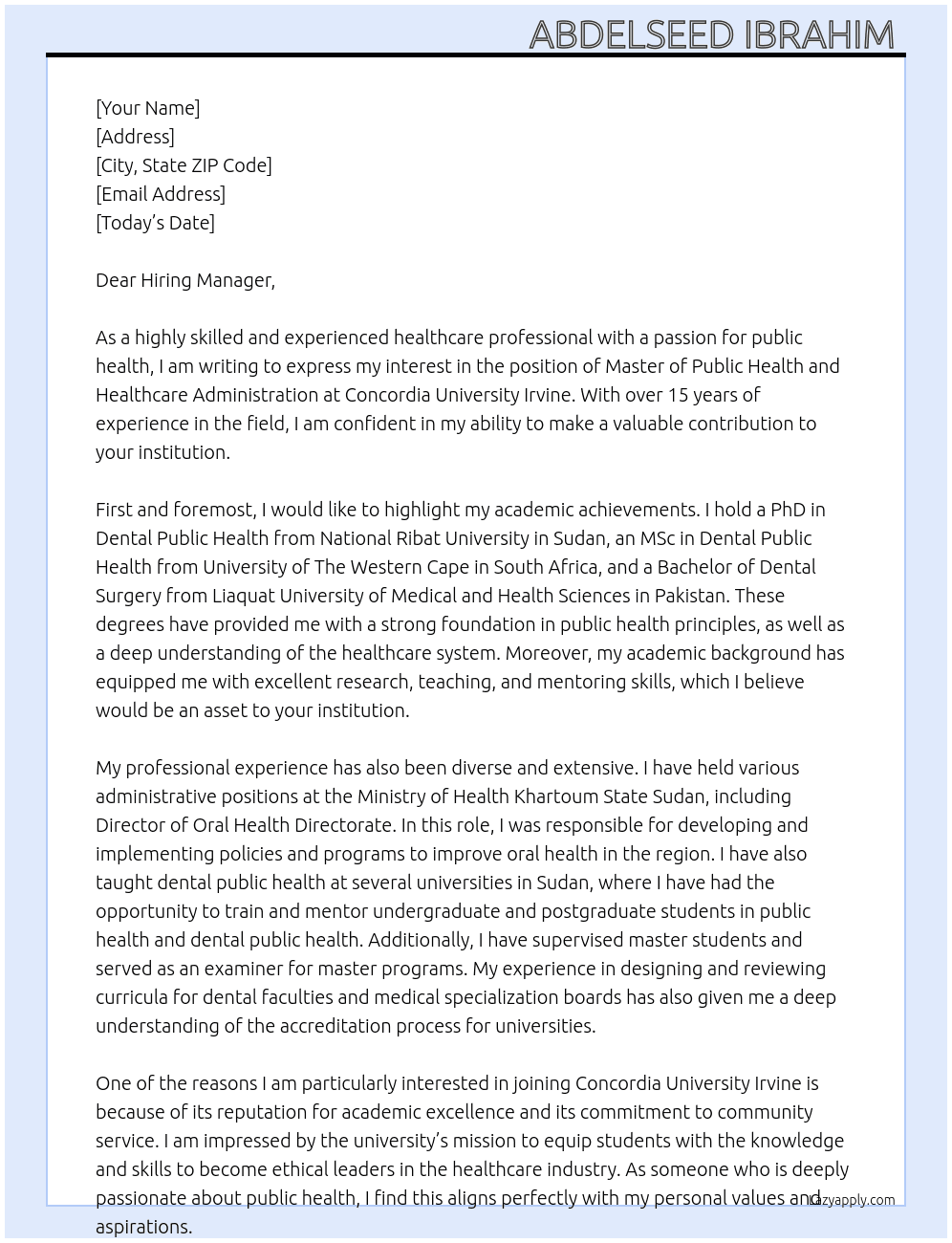 Master of Public Health and Healthcare Administration At Concordia University Irvine  Cover Letter