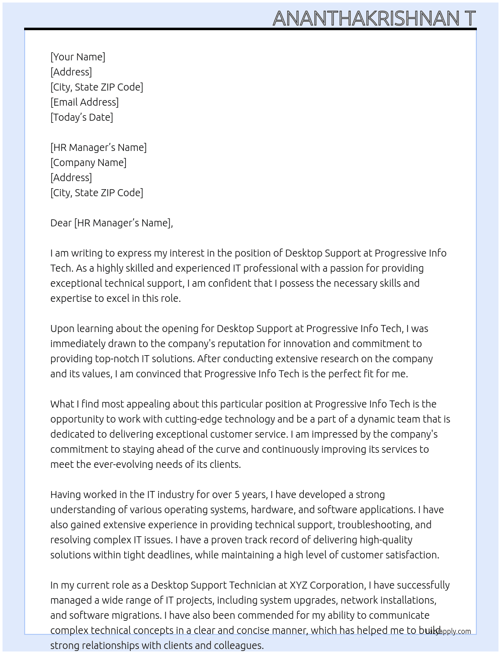 DESKTOP SUPPORT At PROGRESSIVE INFO TECH Cover Letter