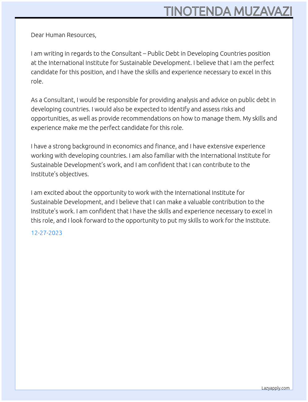 Consultant – Public Debt in Developing Countries At International Institute for Sustainable Development Cover Letter