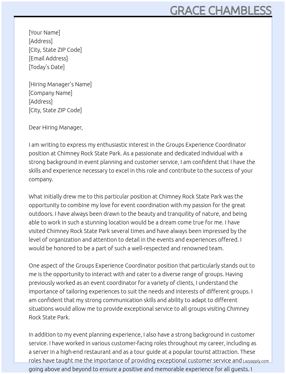 Groups Expirience coordinator At Chimney Rock State Park Cover Letter