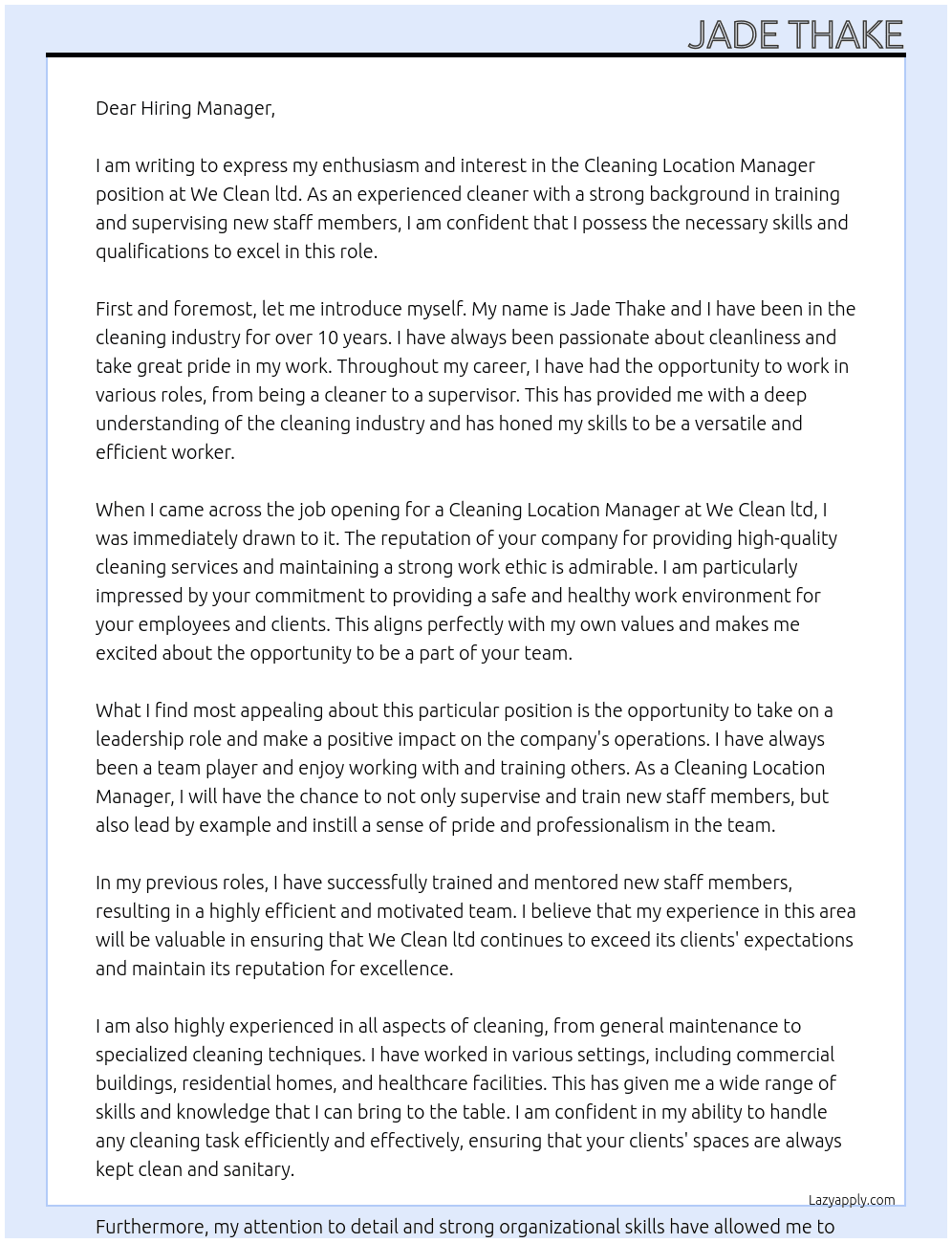 Cleaning Location Manager At We Clean ltd Cover Letter