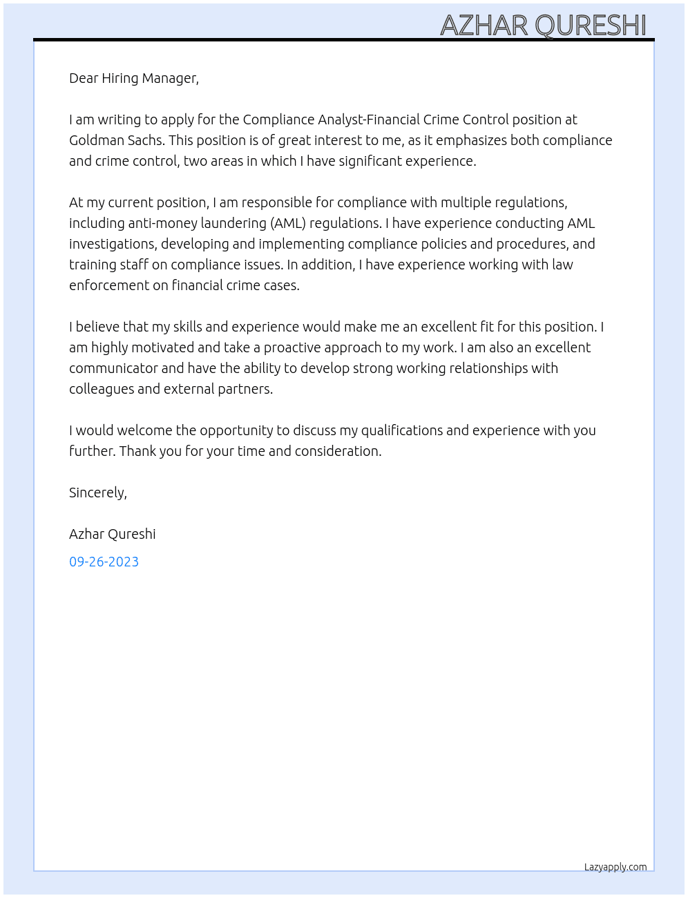 Cover letter for compliance analyst-financial crime control - LazyApply