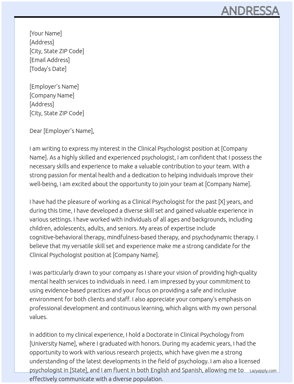 Clinical Psychologist At . Cover Letter