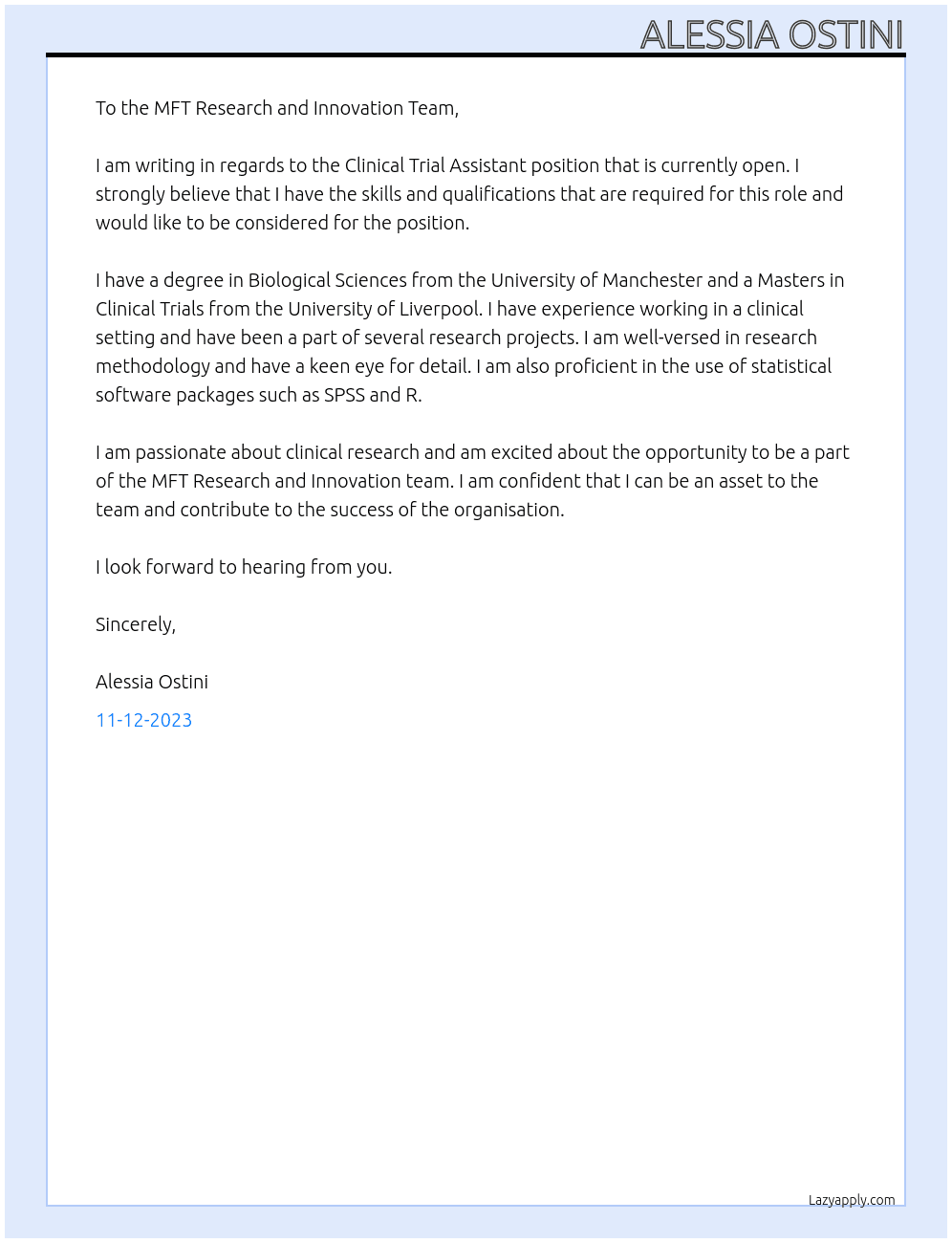 Clinical Trial Assistant At Manchester University NHS Foundation Trust Cover Letter