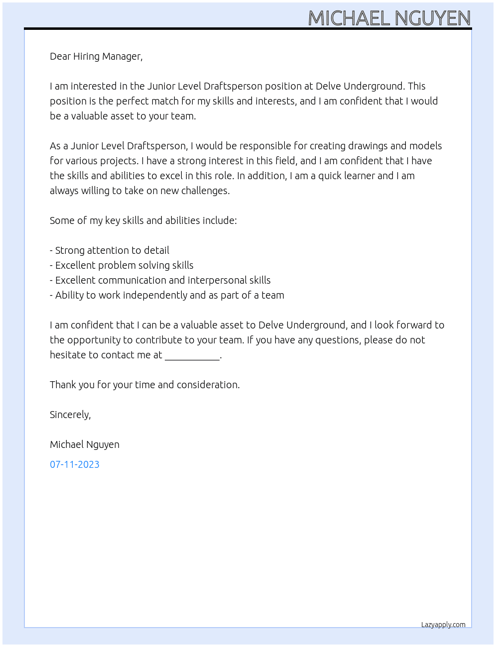 Junior Level Draftsperson At Delve Underground Cover Letter
