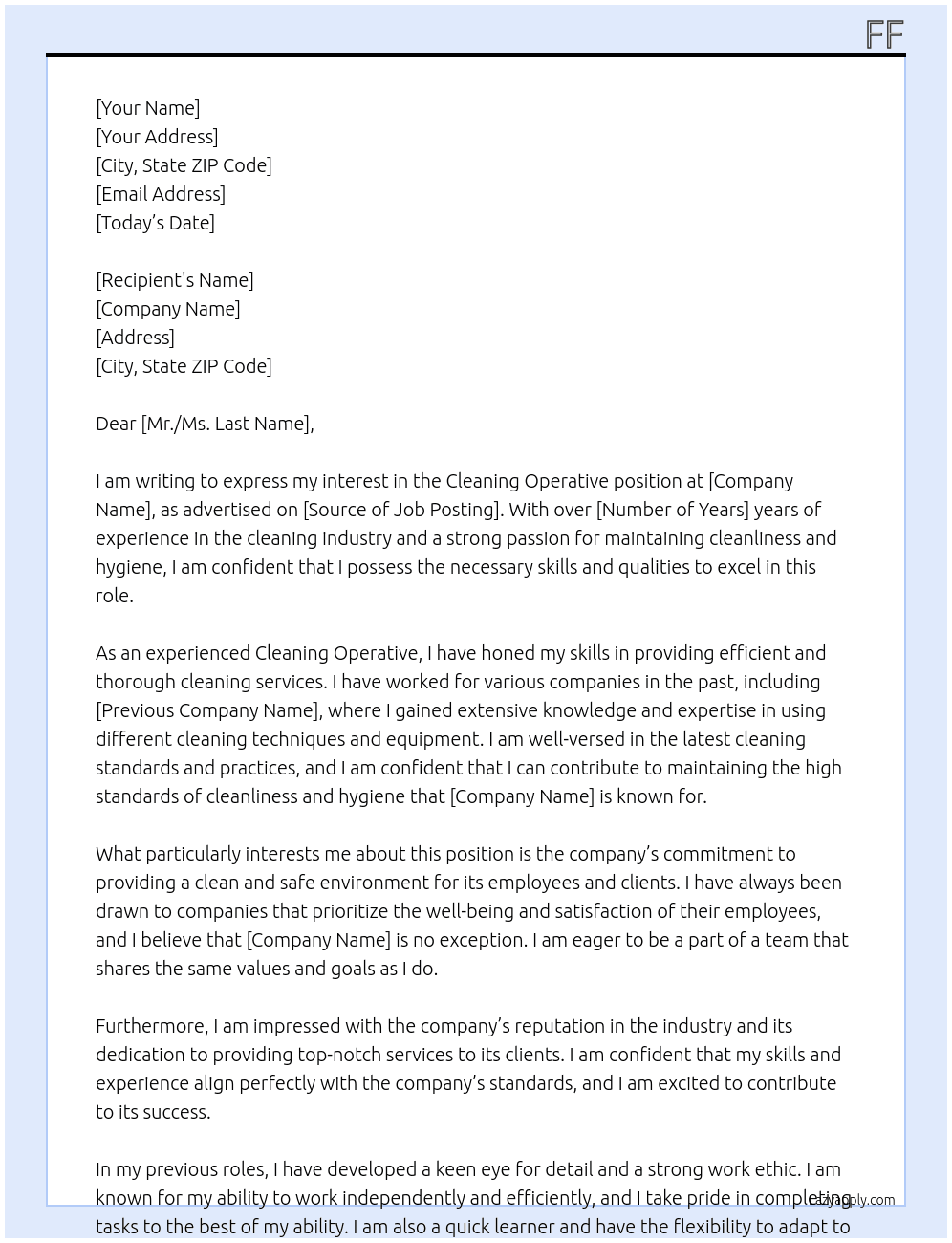cleaning operative At sdfsfs Cover Letter