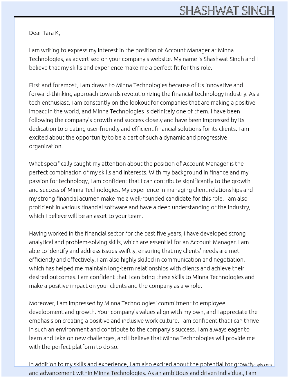 Account manager  At Minna technologies  Cover Letter