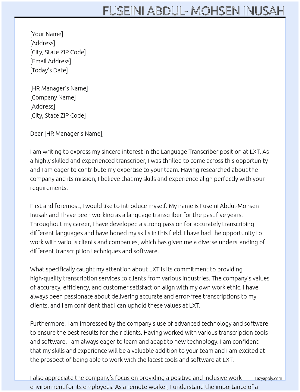 Language Transcriber At LXT Cover Letter