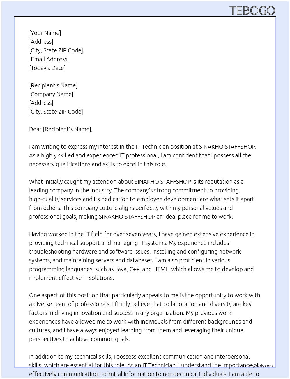 IT Technician At SINAKHO STAFFSHOP Cover Letter