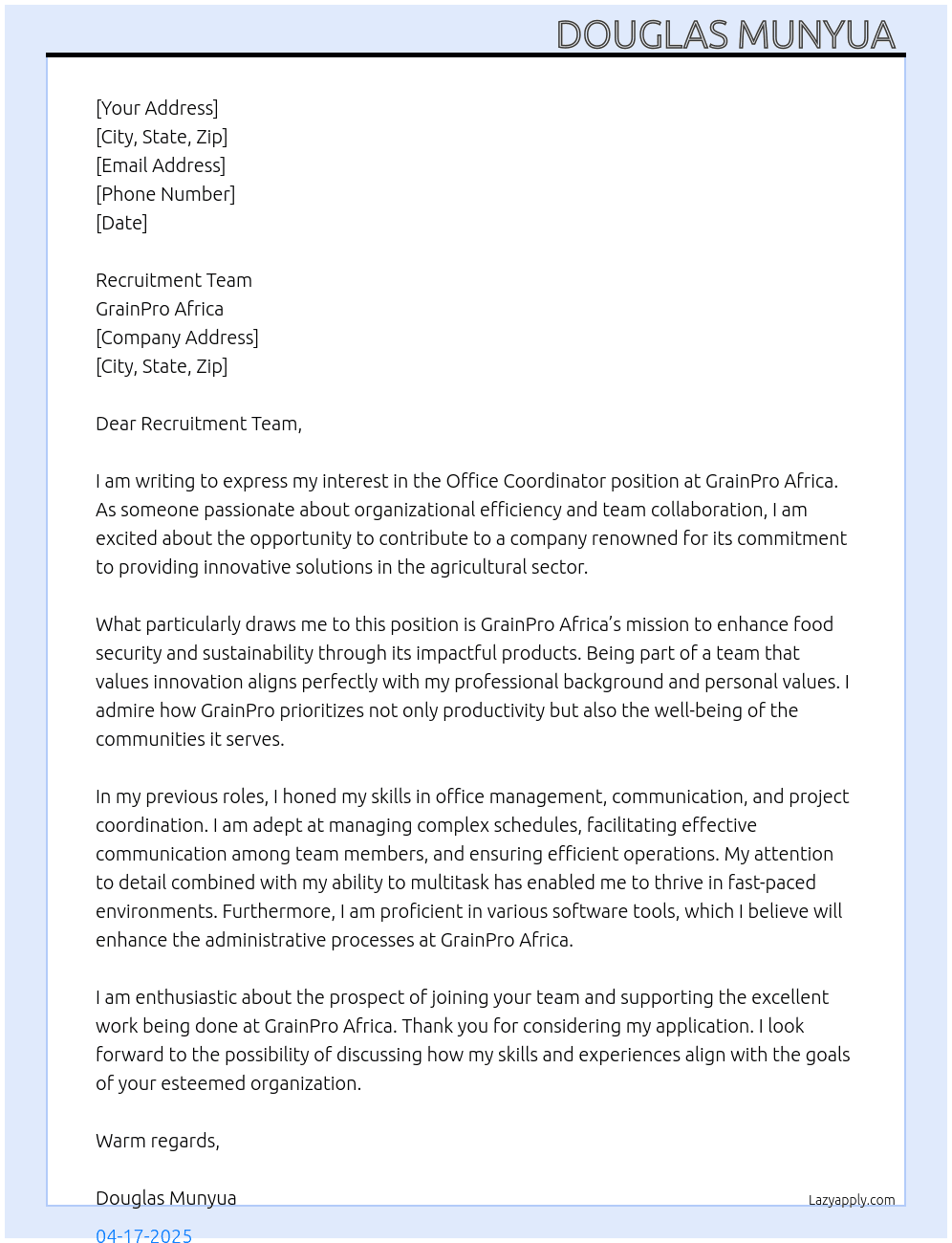 Office Coordinator  At GrainPro Africa Cover Letter