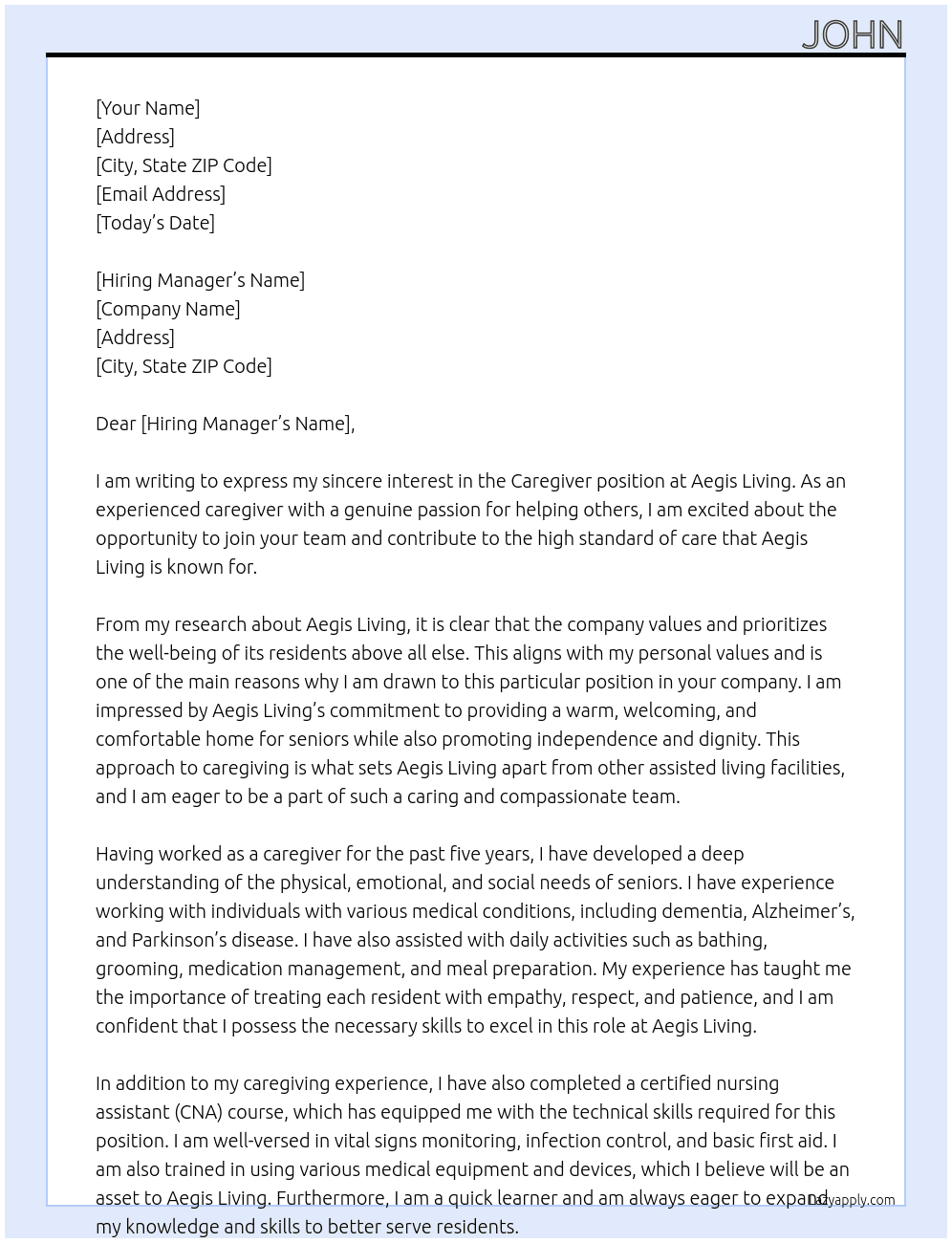 Caregiver At aegis living Cover Letter
