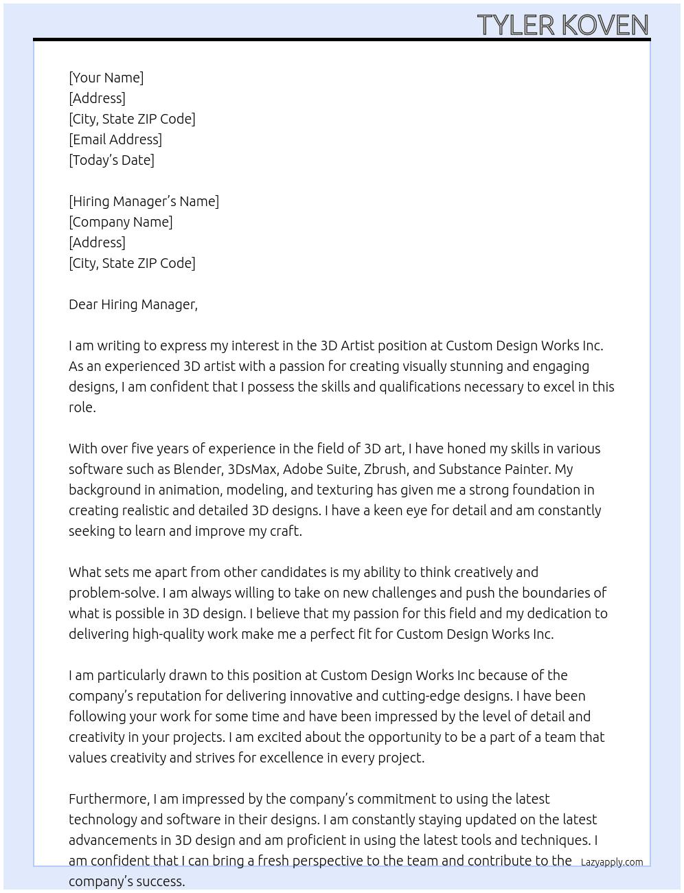 3D Artist  At Custom Design Works Inc Cover Letter