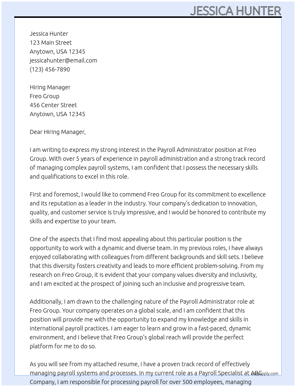 Payroll Administrator At Freo Group Cover Letter