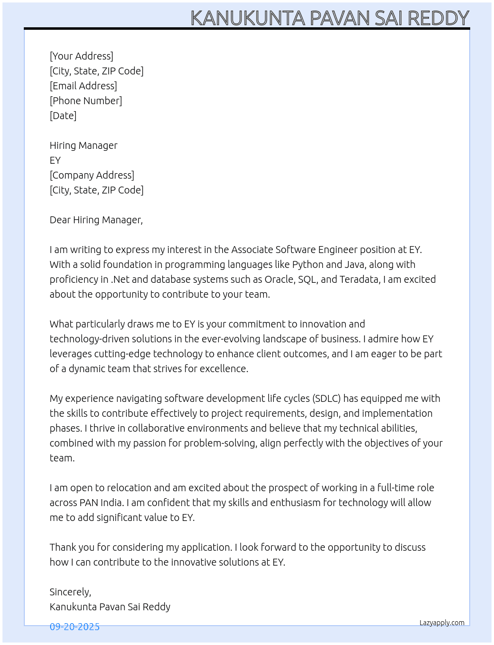 ASSOCIATE SOFTWARE ENGINEER At EY Cover Letter
