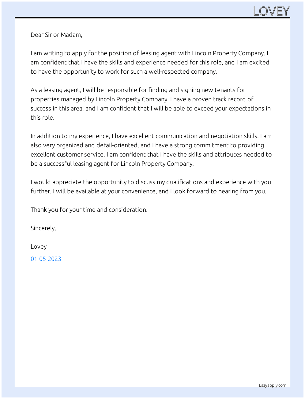 leasing agent At lincoln property company Cover Letter