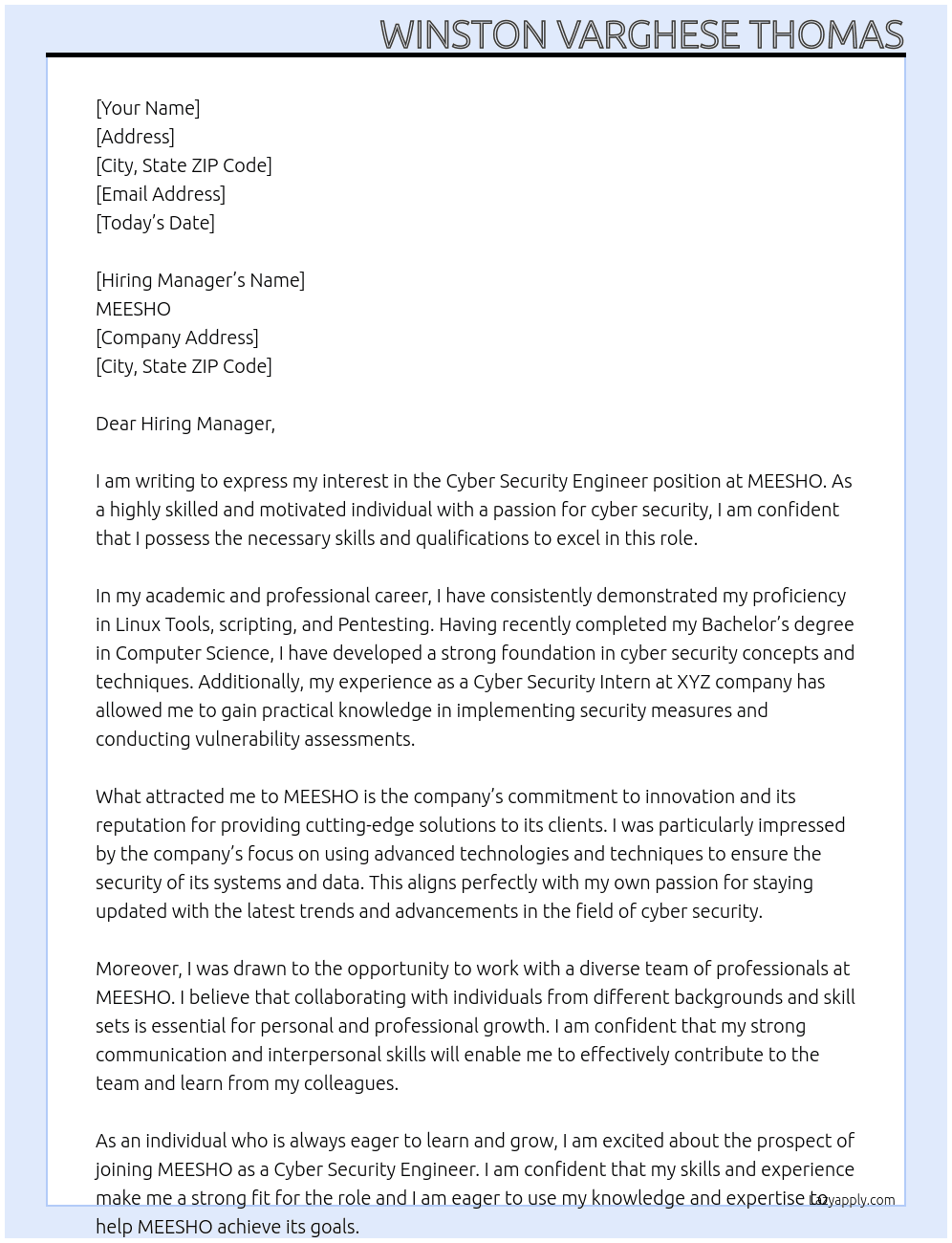 Cyber Security Engineer At MEESHO Cover Letter