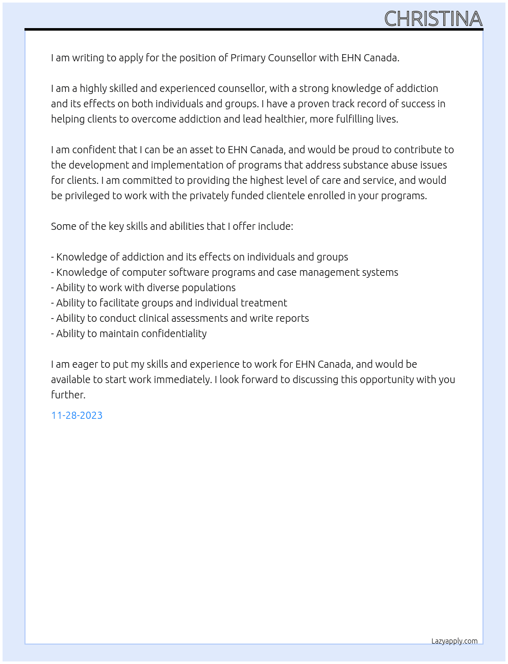 Primary Counsellor At EHN Cover Letter