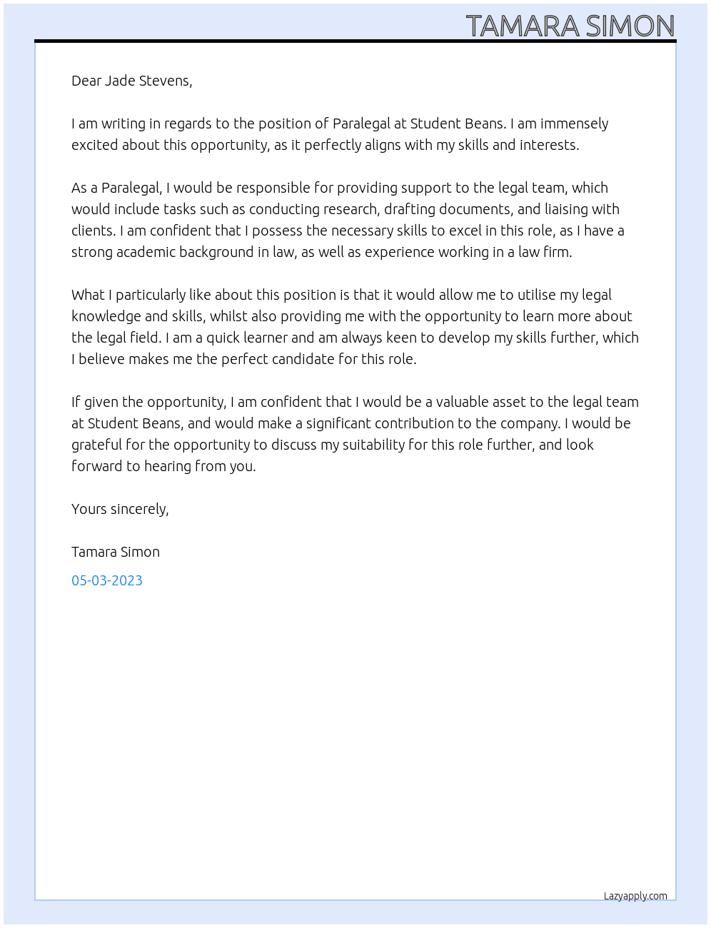 Paralegal At Student Beans Cover Letter