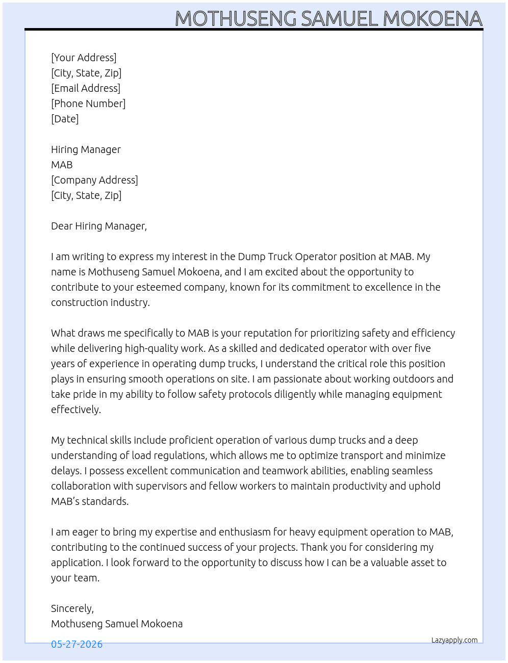 Cover letter for dump truck operator - LazyApply