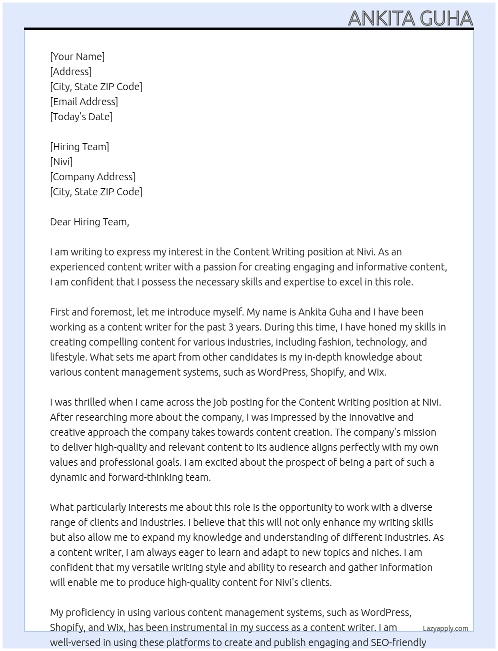 Content Writing At Nivi Cover Letter