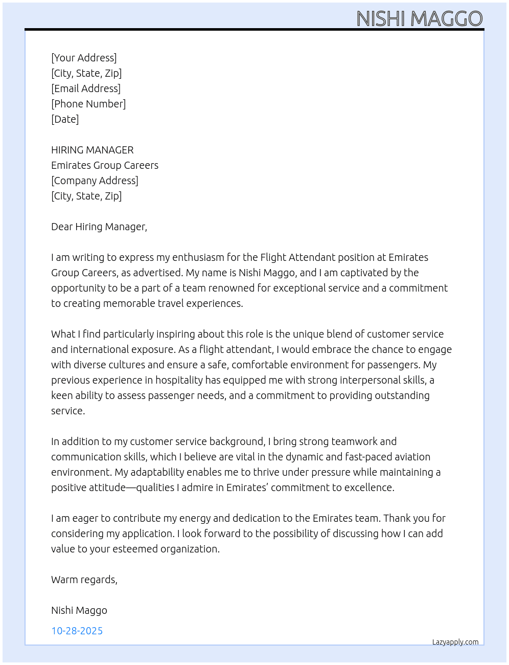 FLIGHT ATTENDANT At EMIRATES GROUP CAREERS Cover Letter