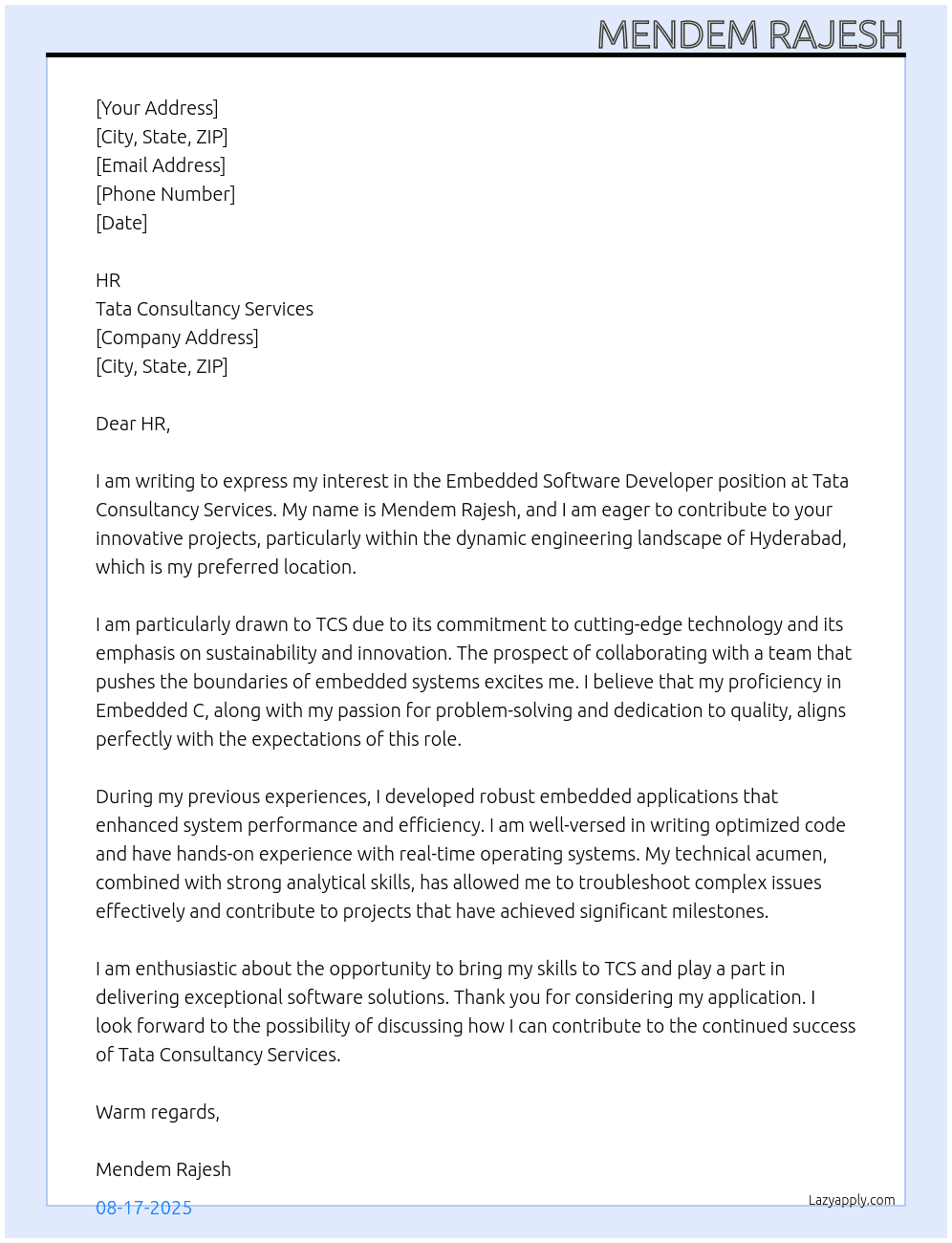 Cover letter for embedded software developer - LazyApply