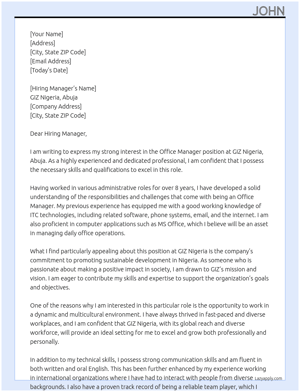 Office Manager  At GIZ Nigeria,Abuja  Cover Letter