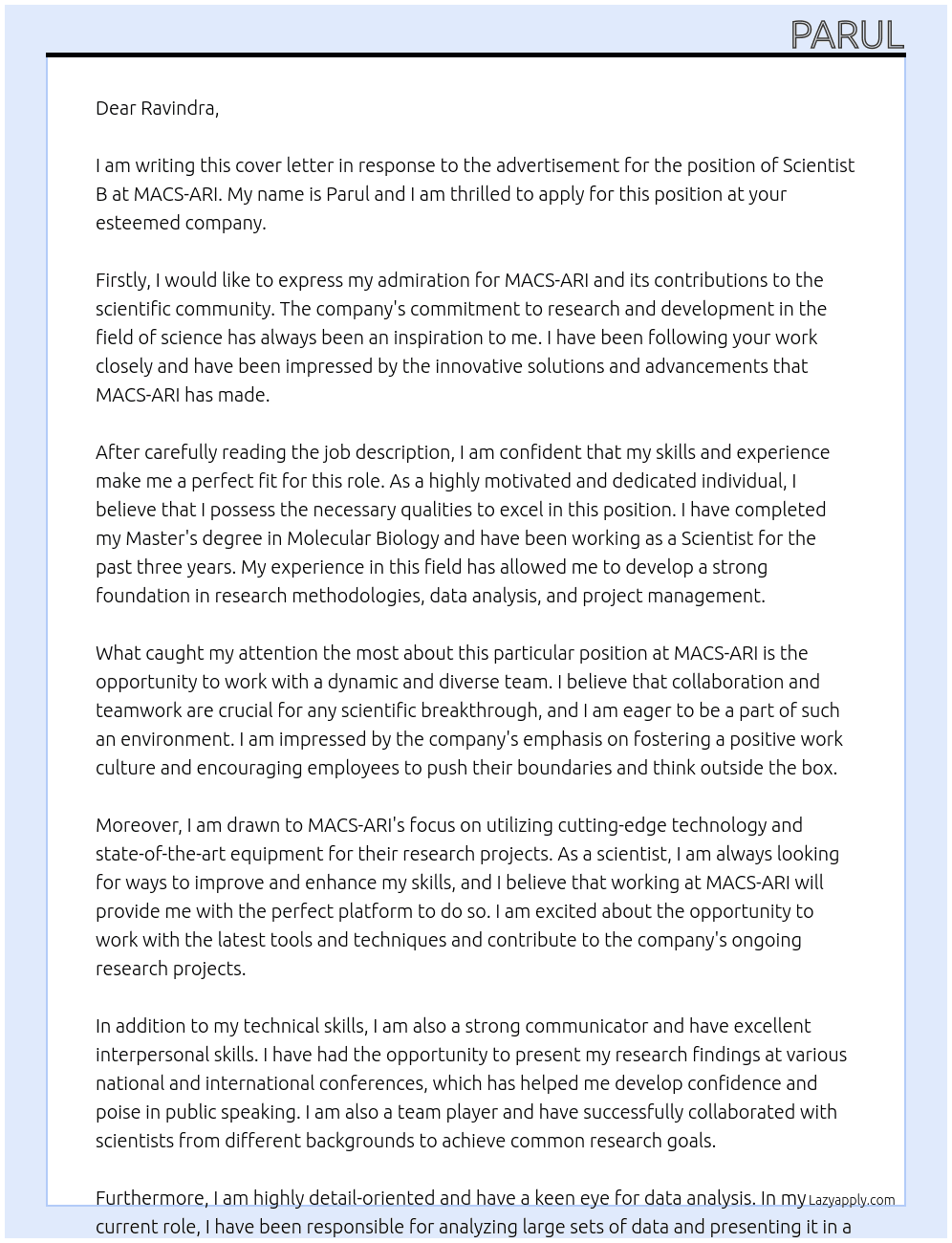 scientist B At MACS-ARI Cover Letter